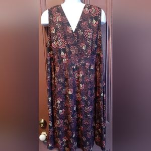 NY Collection Black Floral V-Neck Dress with Red and Gold Accents